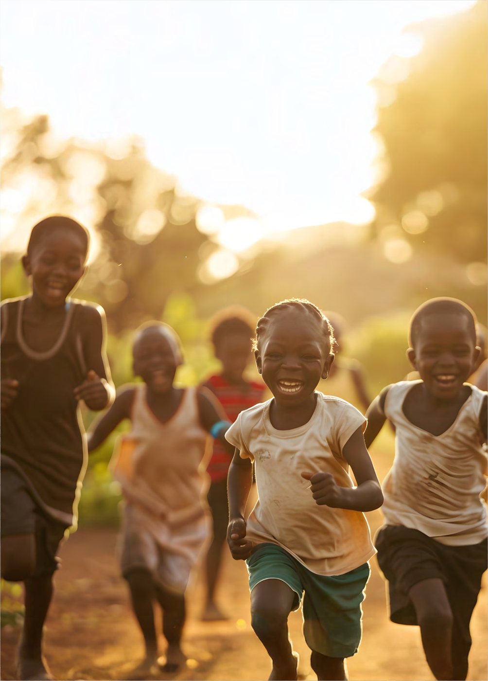 Children running along a path at sunset